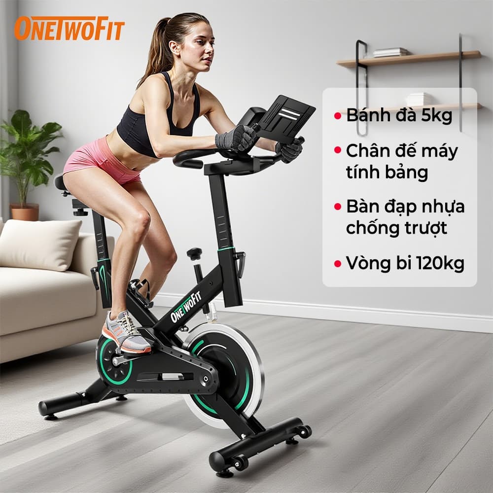 OneTwoFit Xe đạp tập thể dục bánh đà 5kg có màn hình LED và độ ồn thấp
