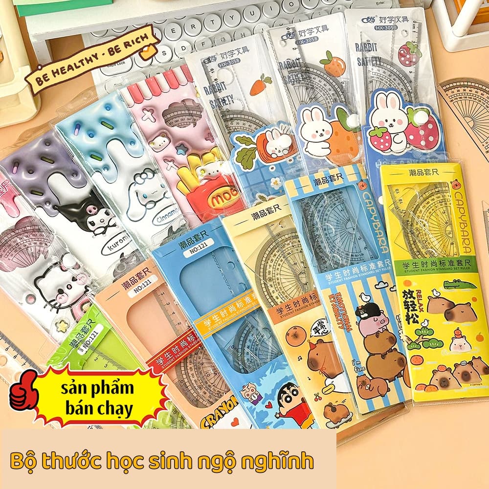 Bộ Thước Kẻ Đa Năng Hình Thú Ngộ Nghĩnh - Full Set [Thước Đo Góc, Thước 20cm, Thước Tam Giác]