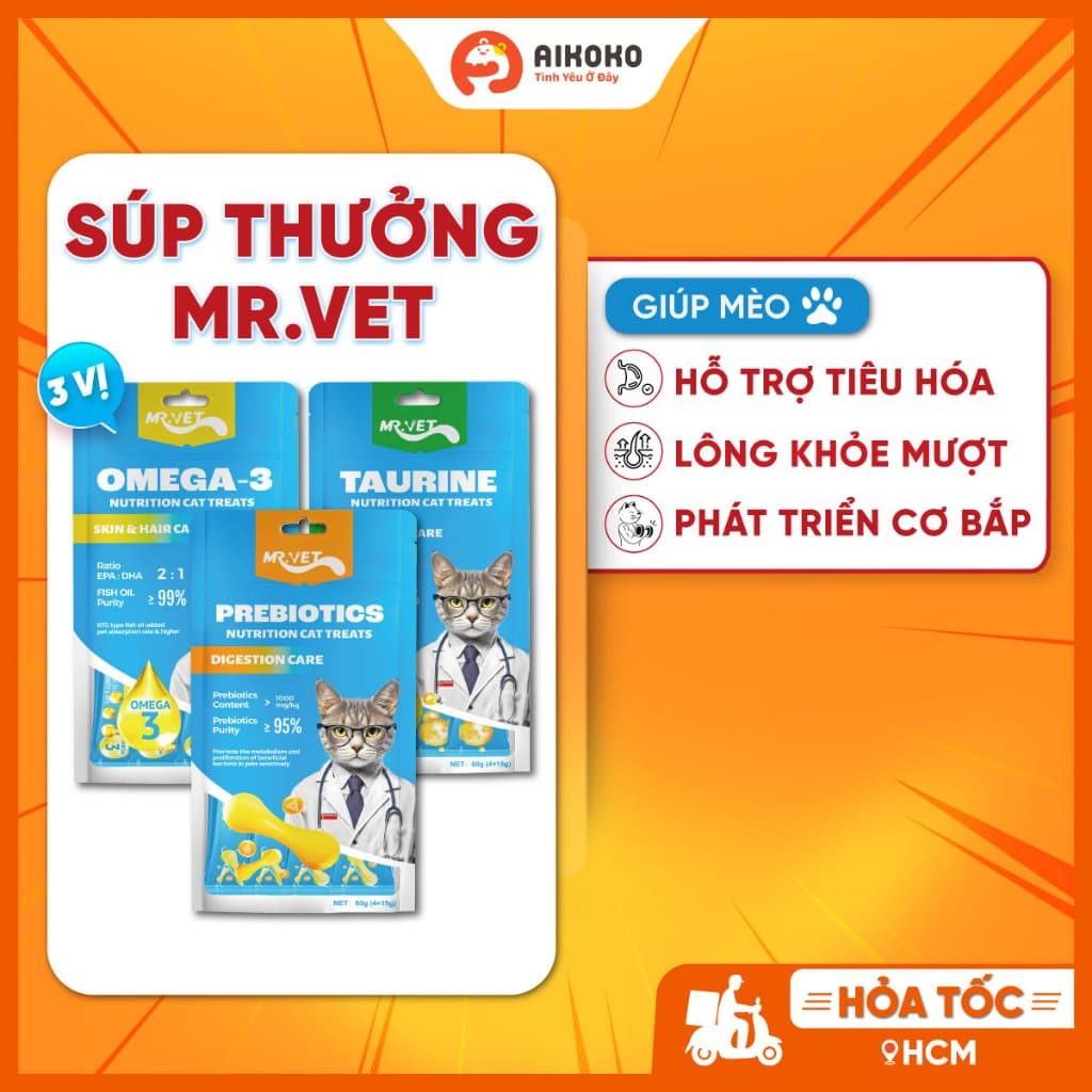 Súp Thưởng Cao Cấp Cho Mèo Mr.Vet 60g - Bổ Sung Omega 3, Prebiotic, Taurine - Hỗ Trợ Tiêu Hóa - Aikoko