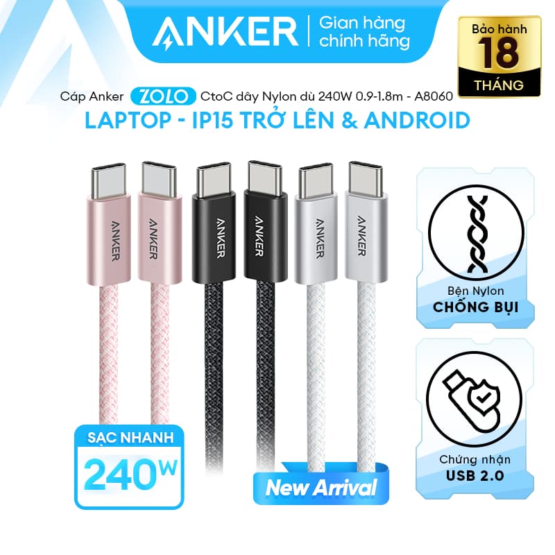 [5A] iP15-18 -Android -Laptop | Cáp sạc nhanh ANKER Zolo USB-C to USB-C | Công suất 240W | Chip E-Maker - A8060