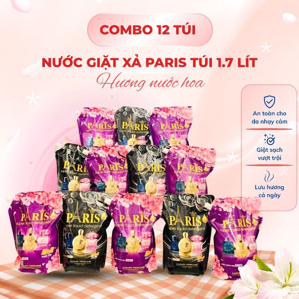 COMBO 12 TÚI nước giặt PARIS đậm đặc, thơm lâu, lưu hương, an toàn cho da tay visaan01