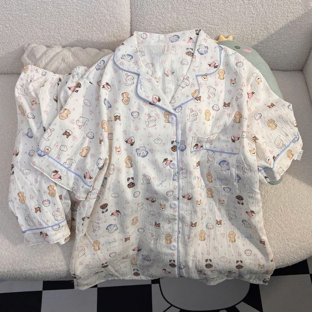 Bộ Ngủ pijama, Set mặc nhà Gấu Dâu Dáng Ngắn Tay Lỡ Form Rộng Nữ