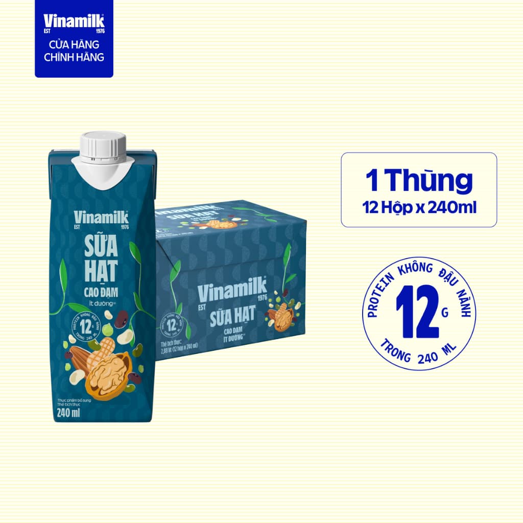 Thùng 12 hộp sữa hạt Cao Đạm ít đường Vinamilk - hộp 240ml