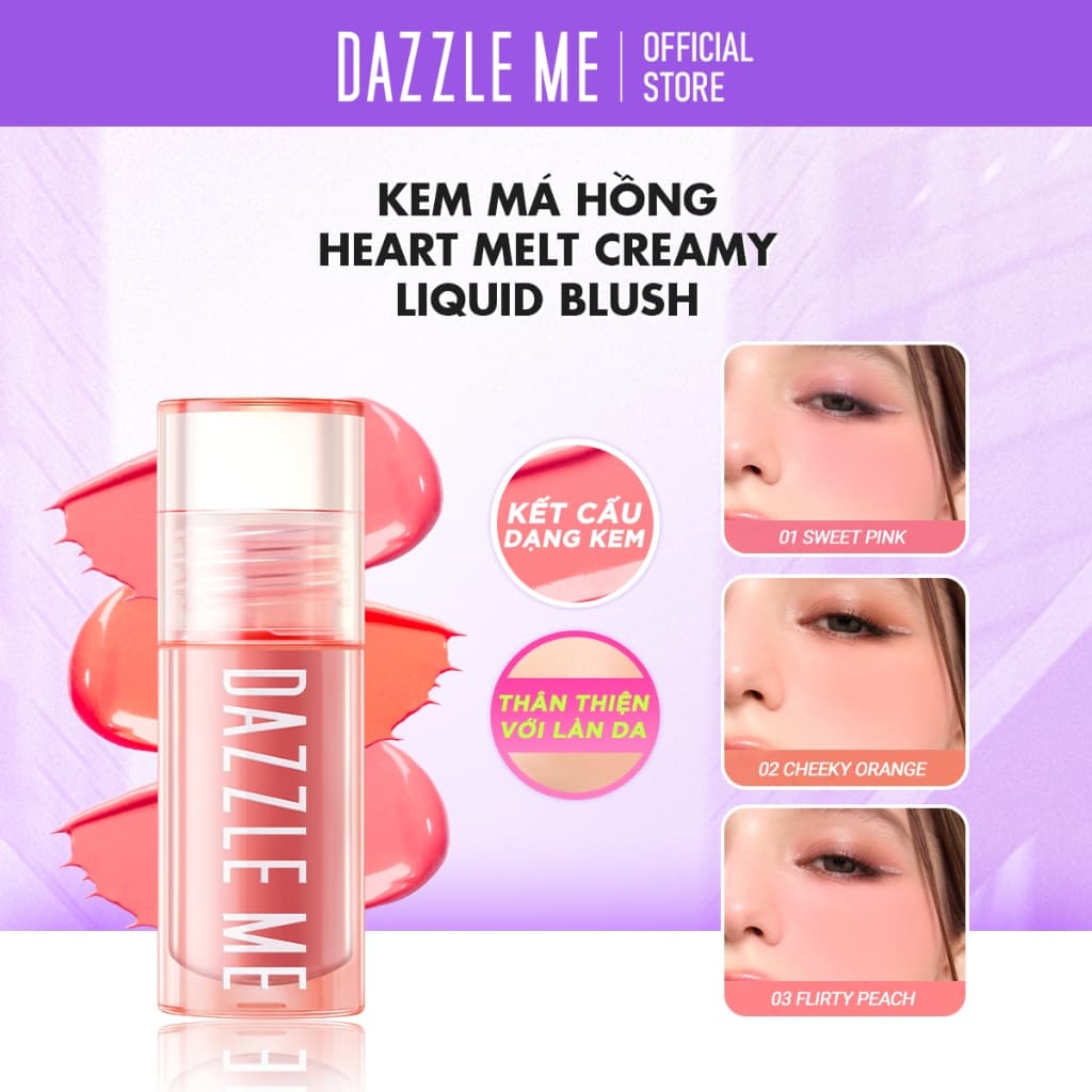 DAZZLE ME Kem Má Hồng Chống Thấm Nước Mồ Hôi Ửng Hồng Tự Nhiên Heart-Melt Creamy Liquid Blush 2.5g