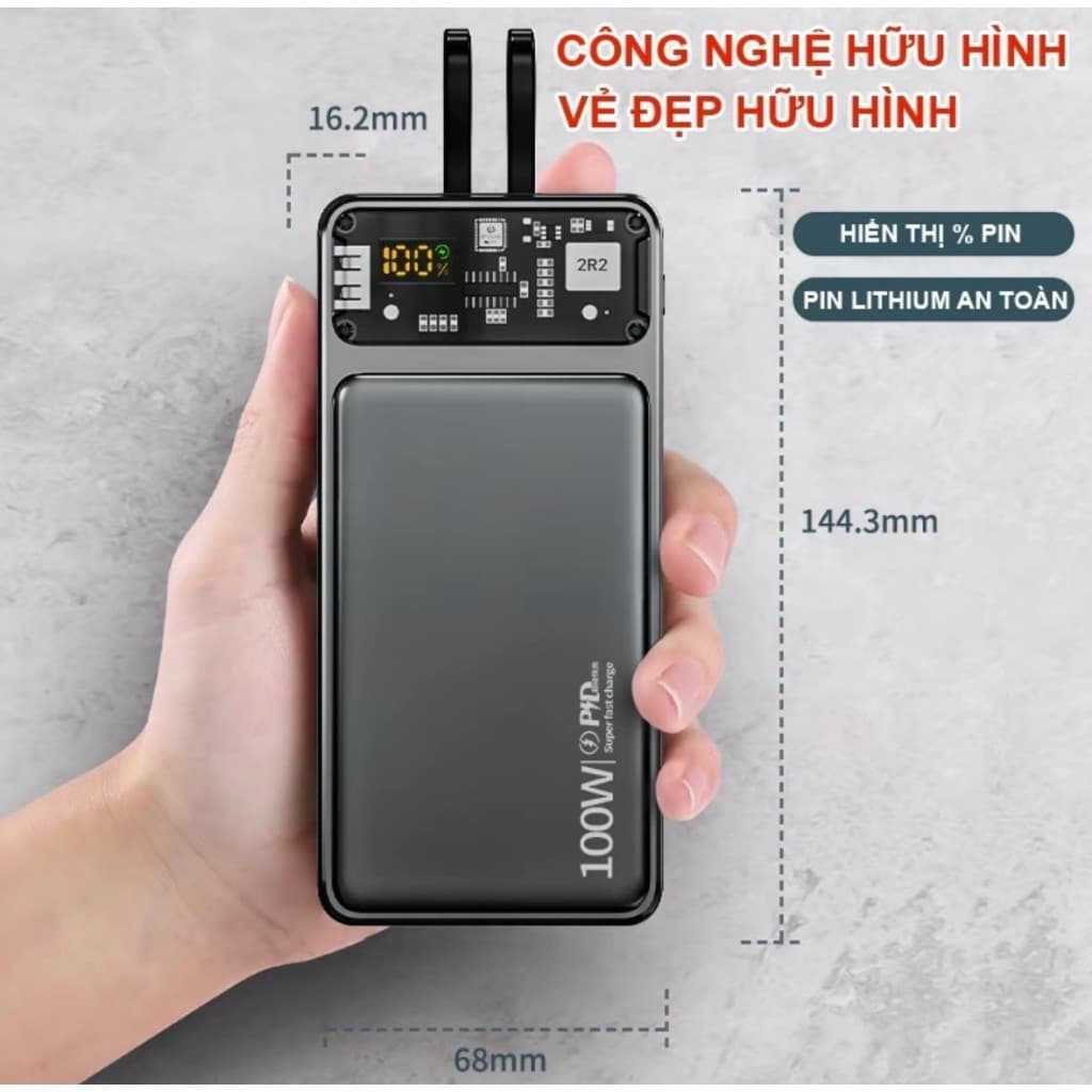 Sạc dự phòng 20kmAh/30kmAh công suất nhanh 100w dung lượng pin lớn có sẵn dây cho điện thoại