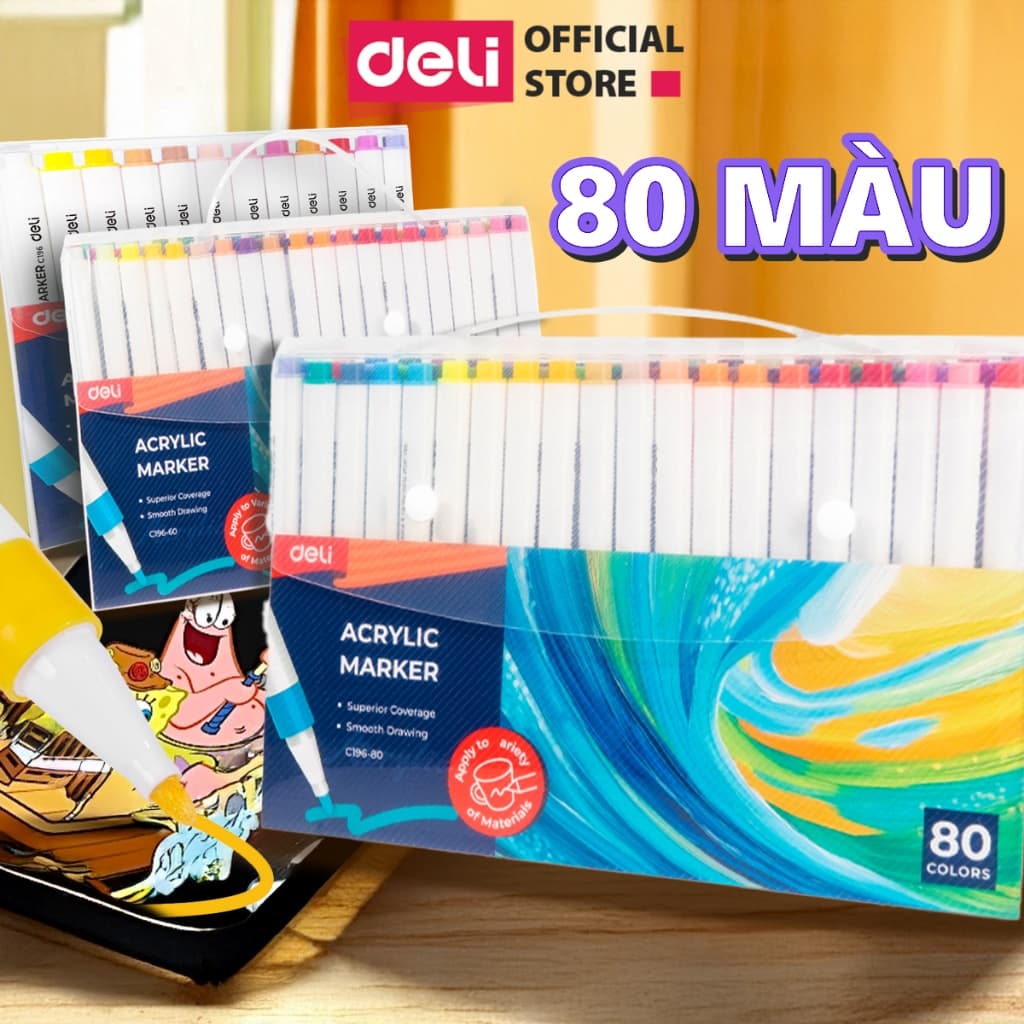 [MUA 3 GIẢM 30%] Bút Màu Acrylic Marker Deli 80 Màu Túi Nhựa Bút Lông Màu Vẽ Mọi Chất Liệu Mực Bền Lâu Phai