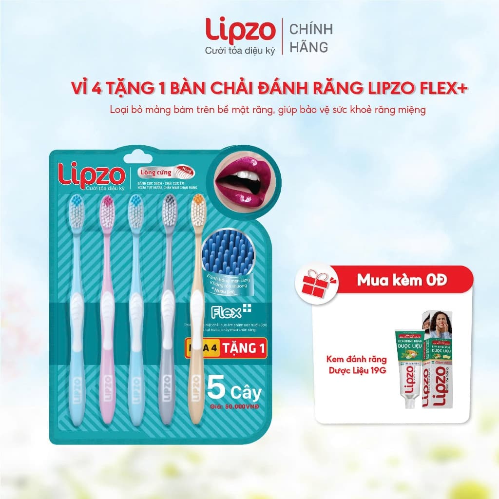 [VỈ MUA 4 TẶNG 1] Bàn Chải Đánh Răng Lipzo Flex+ Lông Bàn Chải Sợi Tynex Sạch Sâu Loại Bỏ Mảng Bám