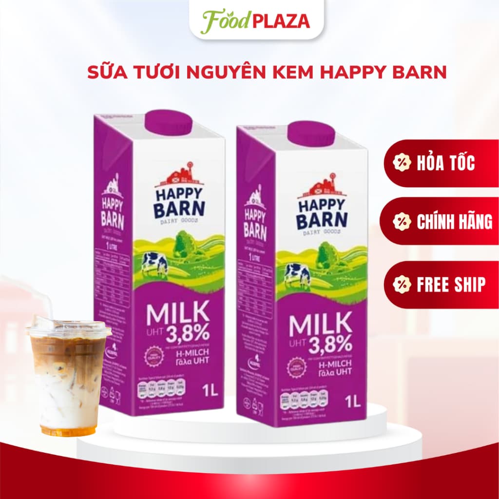 (Sỉ Combo) Sữa Tươi Nguyên Kem Happy Barn 3.8% 1L, Béo Ngậy, Không Đường, Giàu Dinh Dưỡng