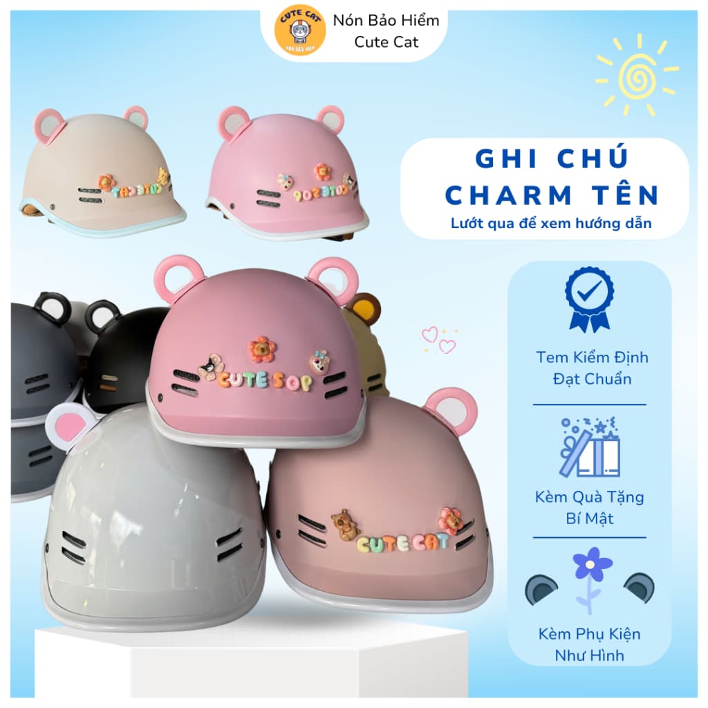 (ĐẠT CHUẨN KÈM CHARM TÊN) Nón Bảo Hiểm Cá Heo Hottrend Chất Lượng Cao Cấp Tem Kiểm Định Đạt Chuẩn Kèm Phụ Kiện Cute Cat