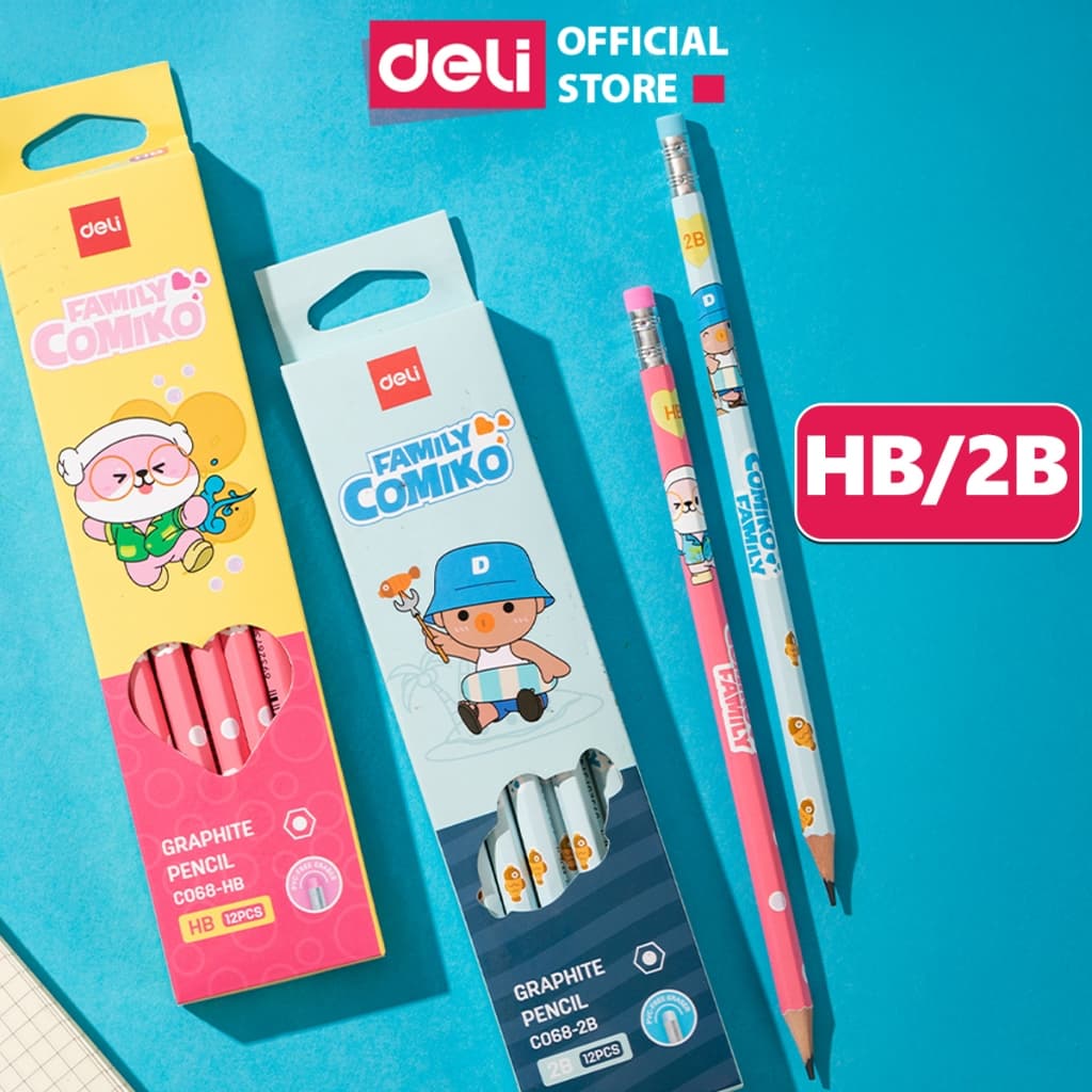 Hộp 12 Bút Chì Học Sinh Deli Thiết Kế Comiko Xinh Xắn - Viết Chì 2B, HB Kèm Đầu Tẩy Luyện Chữ Vẽ Tranh