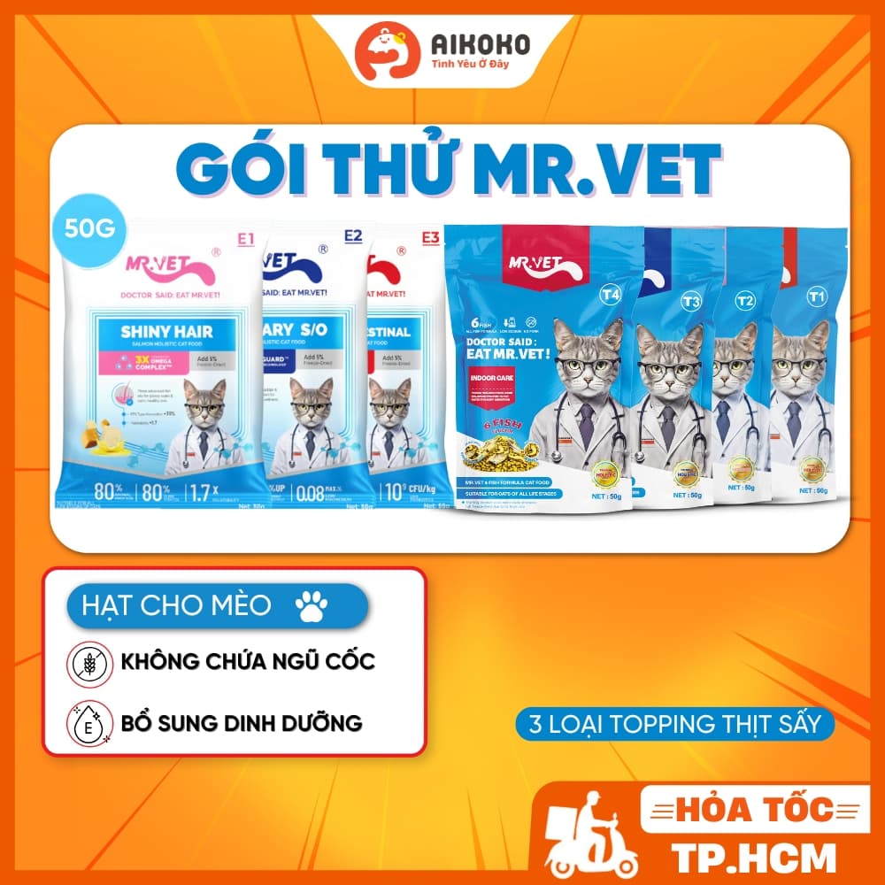 Gói Thử Hạt Mr.Vet T1,T2,T3,T4,G1 50g Cho Mèo Mọi Lứa Tuổi - Có Topping Thịt Sấy - Aikoko
