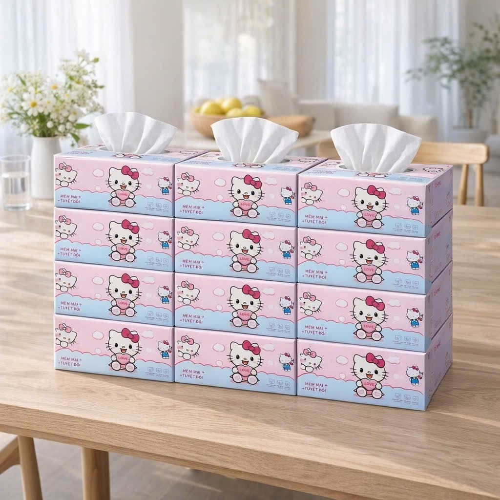 Giấy ăn YCOOL thùng 30 gói 300 tờ 4 lớp hello kitty trắng mềm mịn