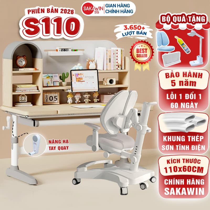 (Bản Cao Cấp) Bộ bàn học chống gù Sakawin S110 Bàn học thông minh Điều chỉnh chiều cao bằng tay quay.Kích thước 1m1