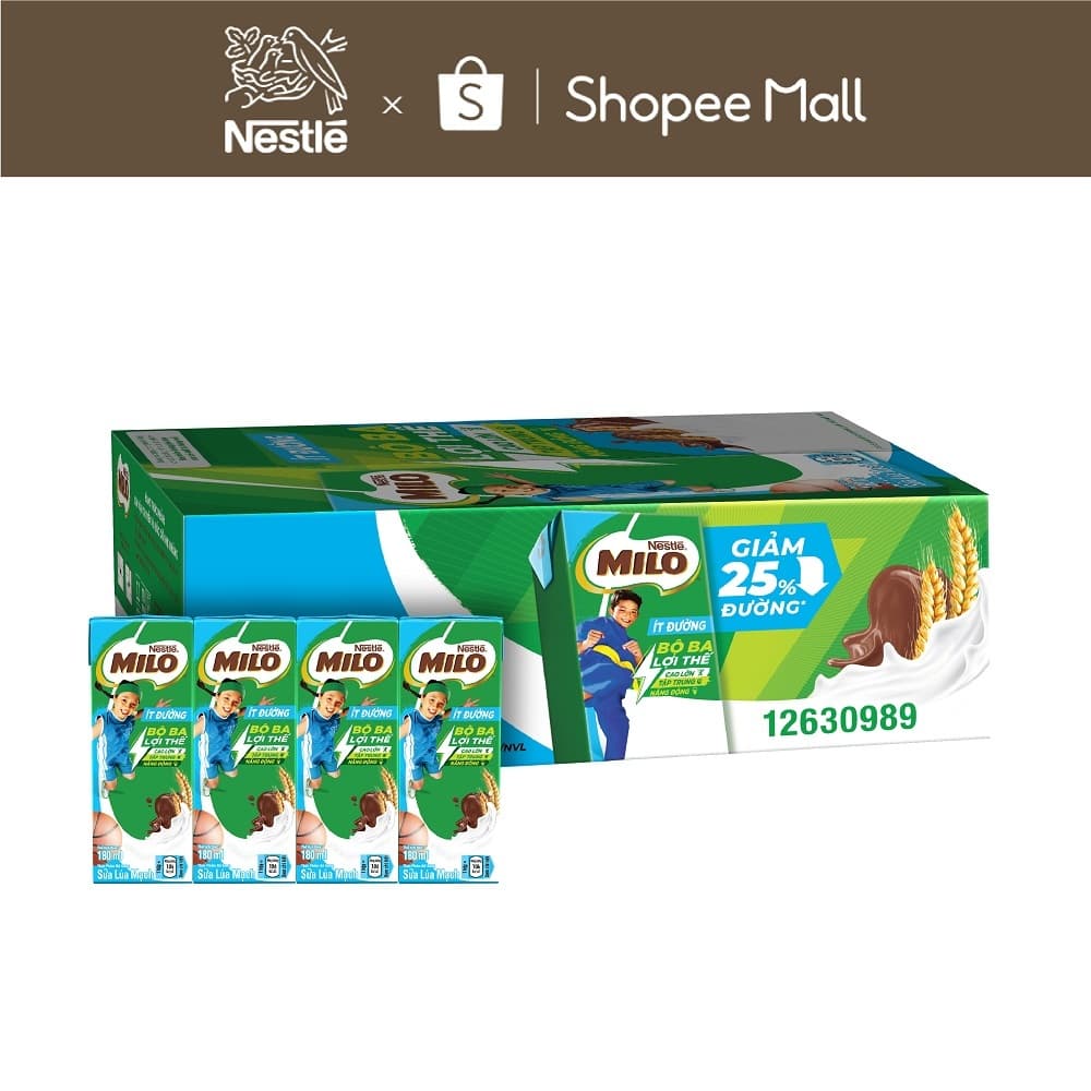 Thùng Sữa lúa mạch Nestle MILO ít đường (48 Hộp x 180ml)
