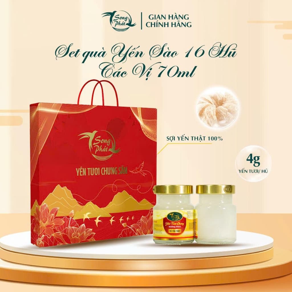 [Tặng 2 hũ] Hộp quà biếu tặng 16 hũ các vị yến sào chưng sẵn Song Phát sang trọng ý nghĩa giúp tăng cường sức khỏe 70ml