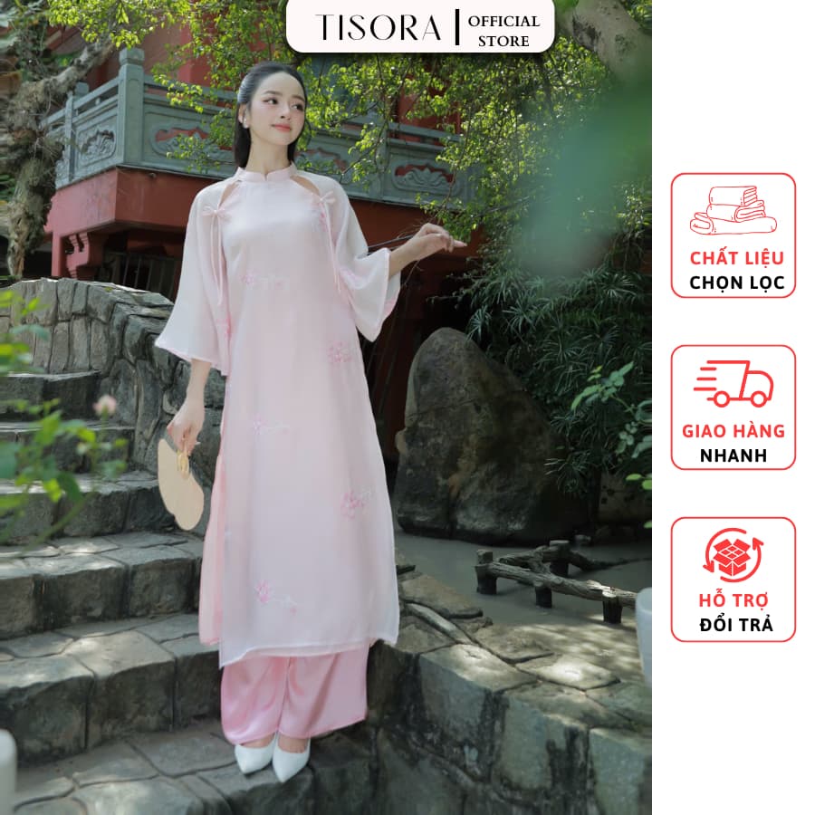 Sét bộ áo dài cách tân Tisora tay lửng thêu hoa khoét vai đính nơ ngọc + quần lụa mặc Tết, đi lễ, đi chùa, chụp ảnh