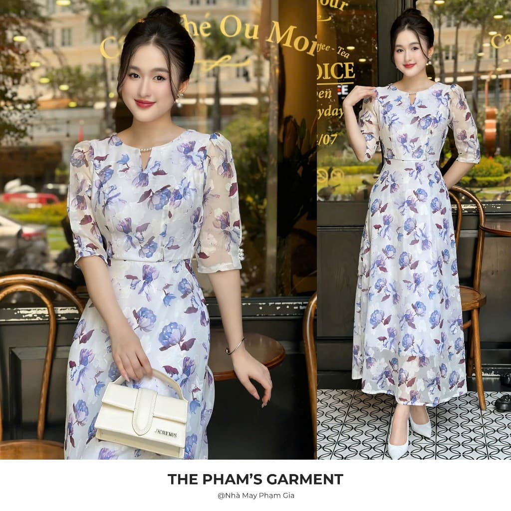 Đầm Maxi tơ ép cao cấp hoa tím cổ đính ngọc - Mã PG122 - Nhà may Phạm Gia