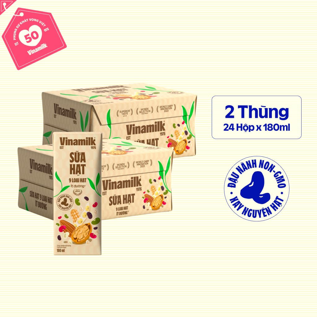 Combo 2 Thùng Sữa hạt 9 loại hạt Vinamilk 180ml ít đường - 24 hộp/thùng