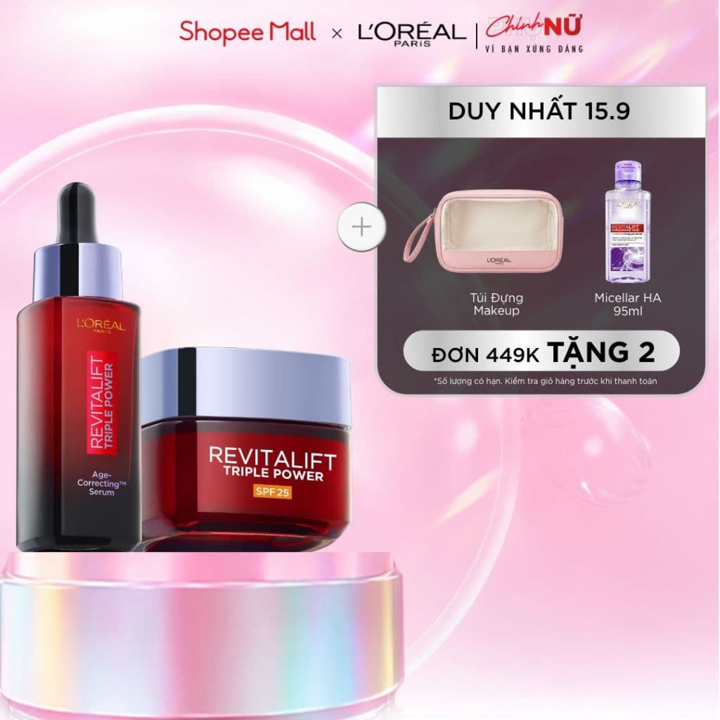 VB_Bộ dưỡng chất serum, kem dưỡng SPF25 peptides giảm nhăn, săn chắc da L'Oreal Paris Revitalift Triple Power 30ml, 50ml