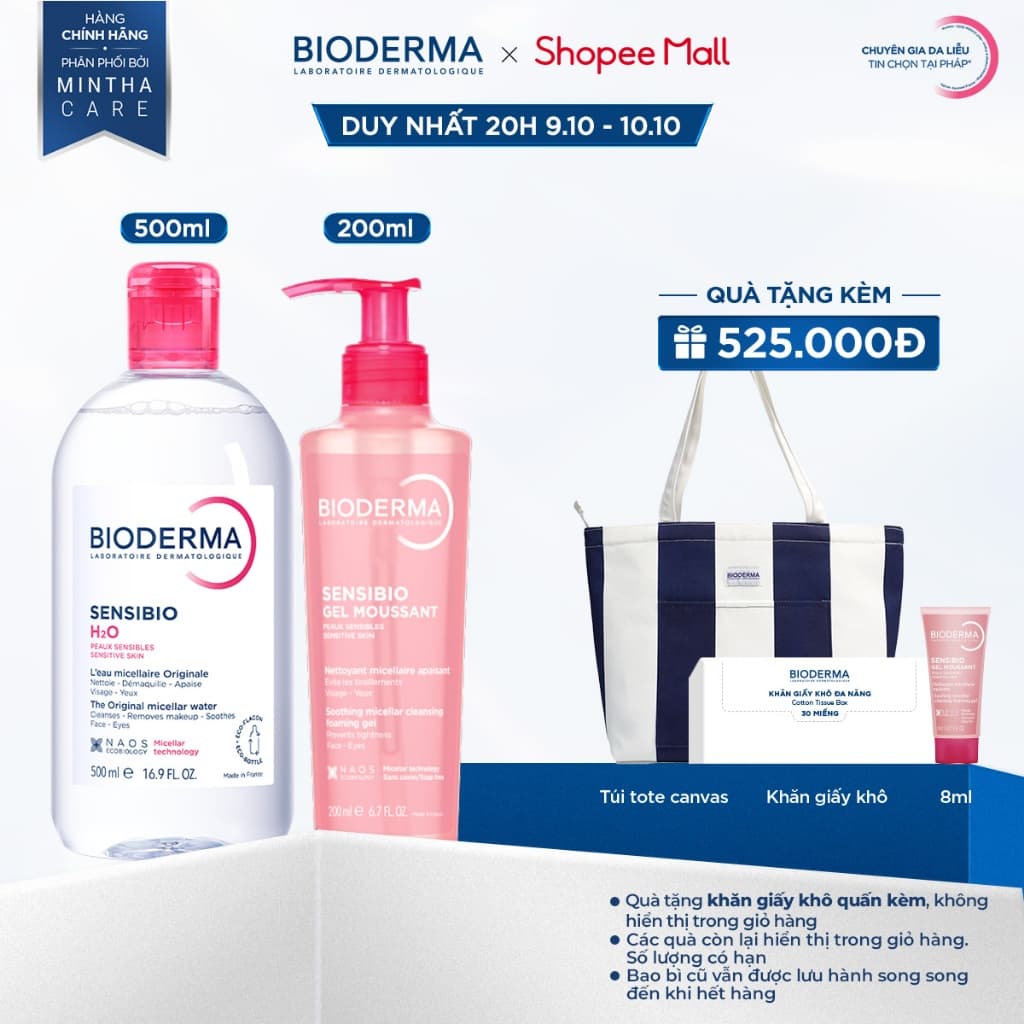 [BIODERMA] Bộ đôi nước tẩy trang Bioderma Sensibio H2O 500ml và Gel rửa mặt tạo bọt Sensibio Gel Moussant 200ml