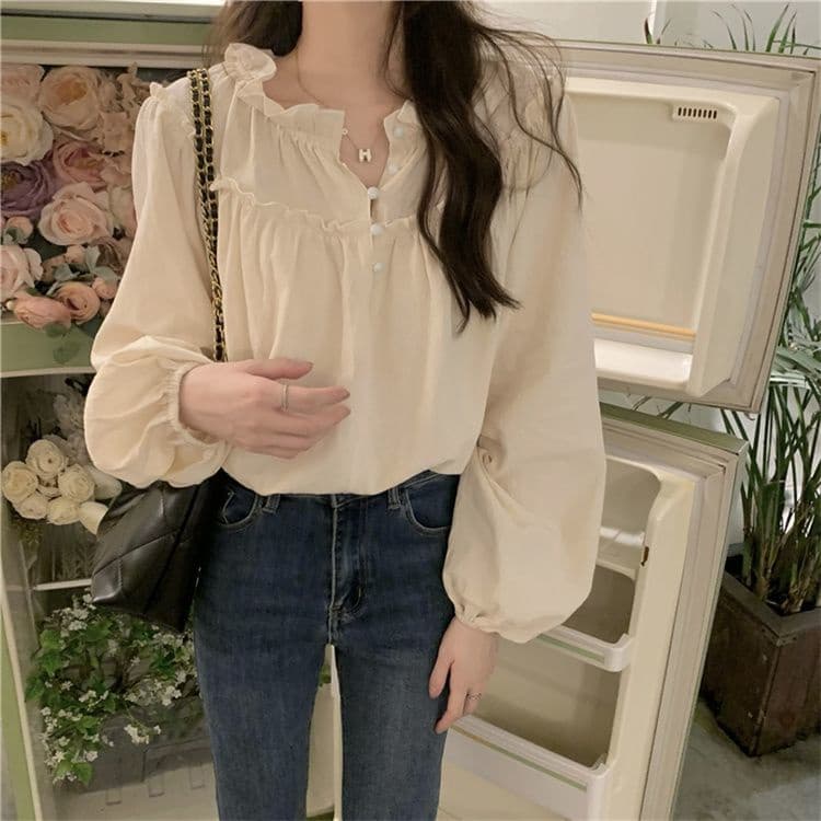 Bh Áo Tay Phồng Dài Cổ Tròn Dáng Rộng Viền Gỗ vintage Cho Nữ