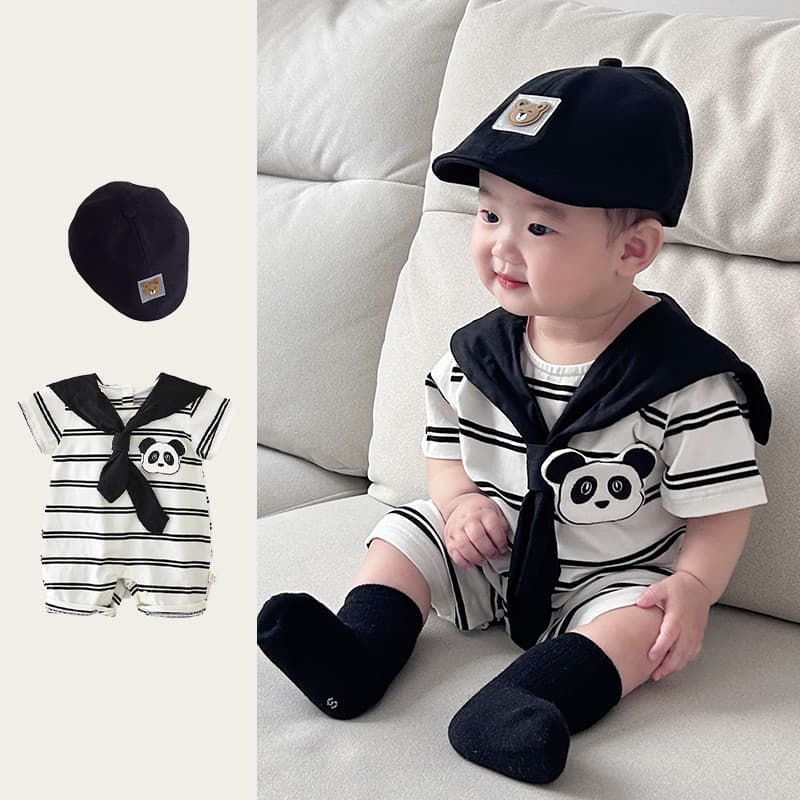Quần Áo Bé Mùa Hè Mỏng Cổ Hải Quân Onesie Phong Cách Nước Ngoài 0-24 Tháng Bé Trai Hoạt Hình Gấu Trúc Sọc Tay Ngắn Mùa Hè Phong Cách Đại Học Áo Liền Quần
