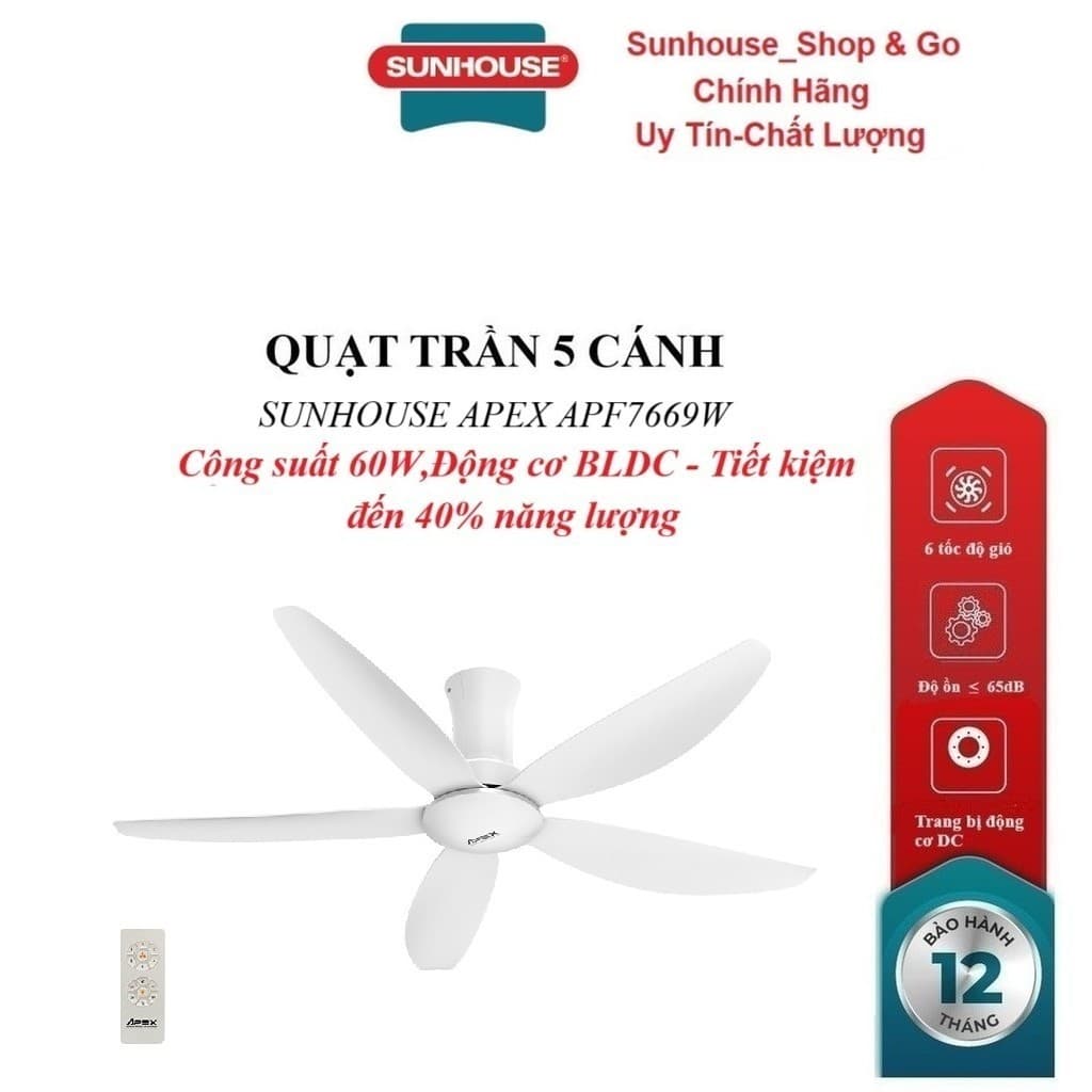 QUẠT TRẦN 5 CÁNH SUNHOUSE APEX APF7669W, Trang bị động cơ DC, 6 tốc độ gió, Công suất 60W, điều khiển từ xa