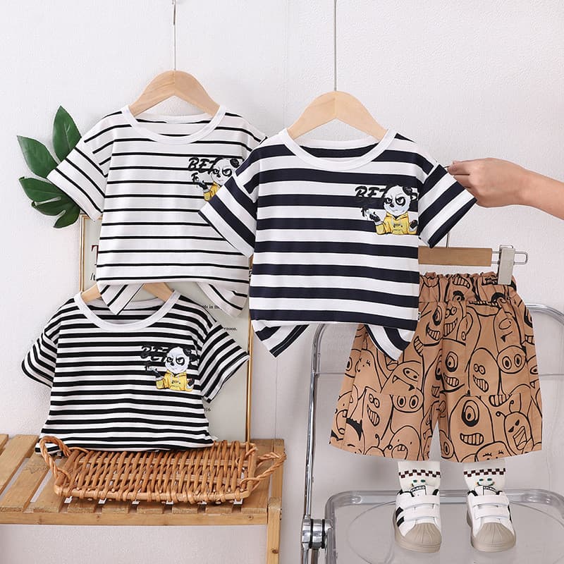 2025 Trẻ Em Mới Thời Trang Mùa Hè Bé Trai Quần Áo Cotton Sọc Hoạt Hình Kung Fu Gấu Trúc Áo + In Hình Đầy Đủ Quái Vật Nhỏ Quần Short 2 Cái / bộ Bé Gái Trang Phục Thường Ngày