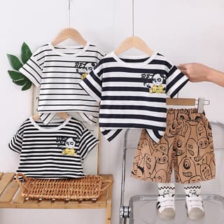 2025 Trẻ Em Mới Thời Trang Mùa Hè Bé Trai Quần Áo Cotton Sọc Hoạt Hình Kung Fu Gấu Trúc Áo + In Hình Đầy Đủ Quái Vật Nhỏ Quần Short 2 Cái / bộ Bé Gái Trang Phục Thường Ngày