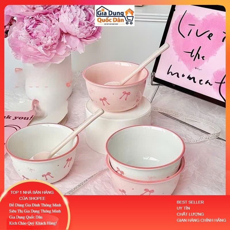 Bát Sứ Dễ Thương Happy Pig Heo Hồng, Bơ Sữa, Gấu Trúc Panda, Nơ Xinh, Sét 2 Bát 2 Thìa Bát Ăn Dặm Cho Bé Cute