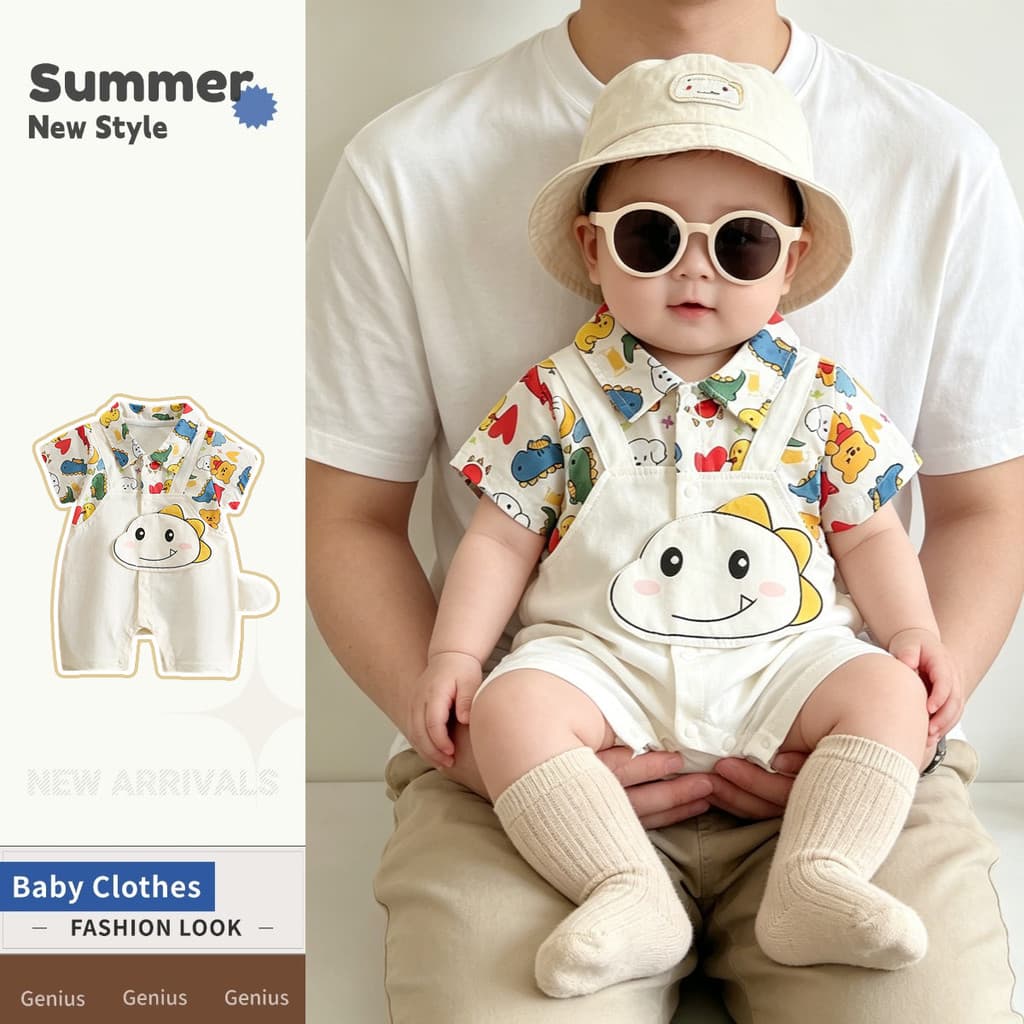 Bé Mùa Hè Mỏng Onesie 0-24 Tháng Tuổi Quần Áo Sơ Sinh Tay Ngắn Nối Hoạt Hình Khủng Long Romper Fart Leo Núi Quần Áo