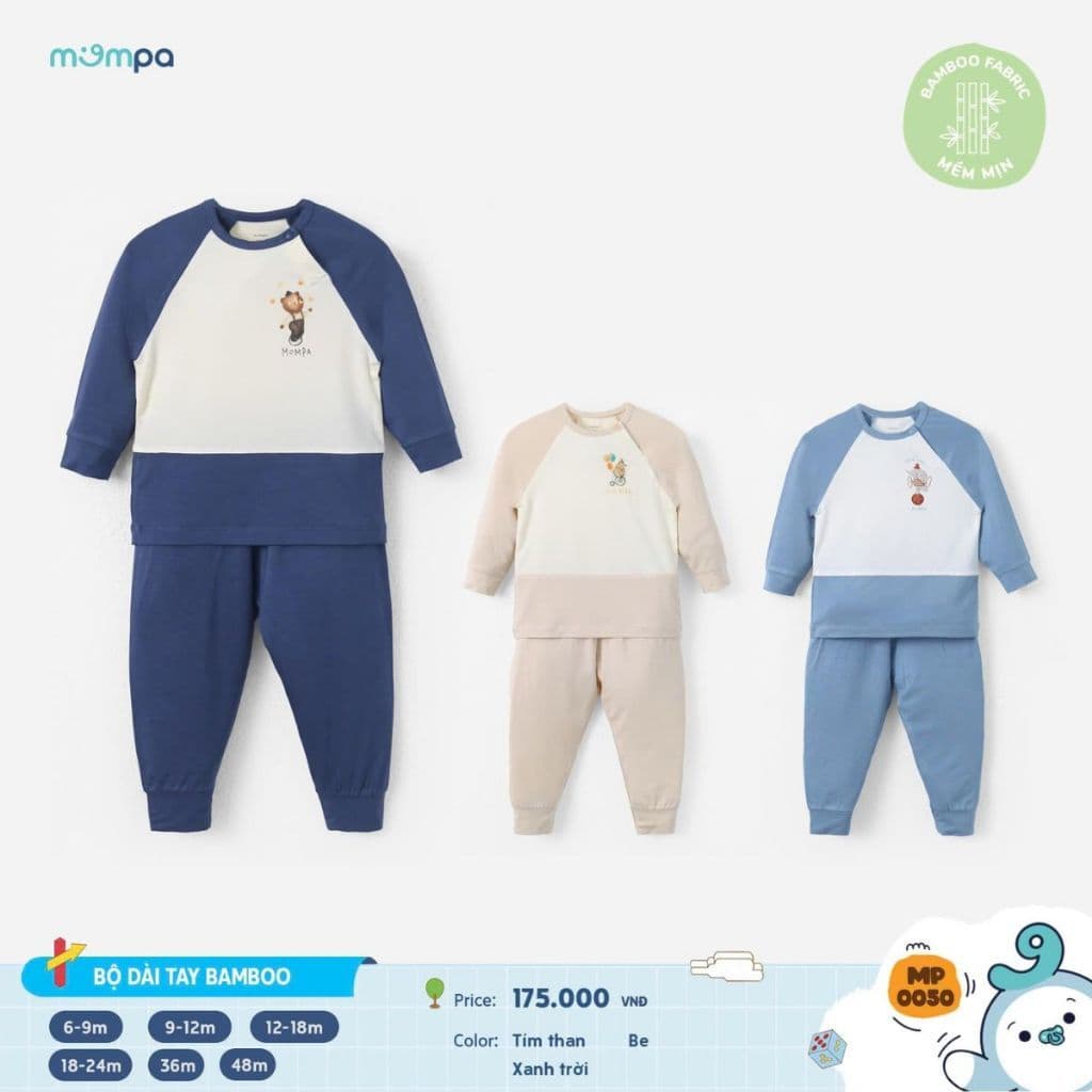 Bộ dài tay cho bé BST 2025 Mompa 6 tháng - 4 tuổi vải Sợi tre Bamboo mềm mại thấm hút 0050 MP