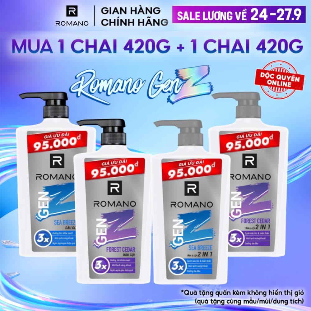 [LIVE] [ĐỘC QUYỀN ONLINE] Tắm gội 2in1 / Dầu gội cho nam Romano Gen Z hương Sea Breeze/ Forest Cedar (420g x 2)