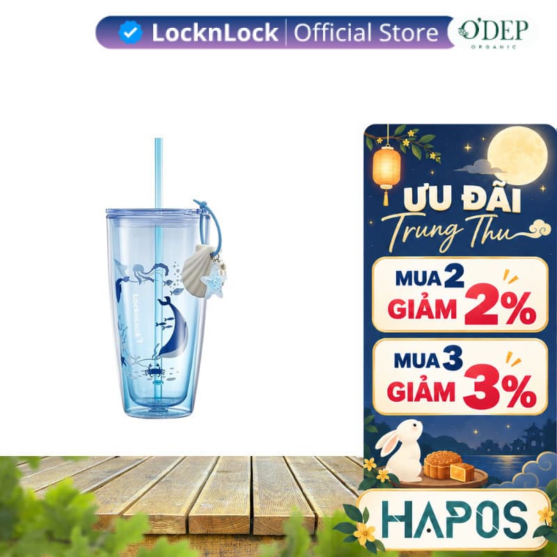 Ly nhựa 2 lớp 750ml LocknLock Ocean Double Wall HAP534BLU, Kèm phụ kiện, Chính hãng - HAPOS LSA