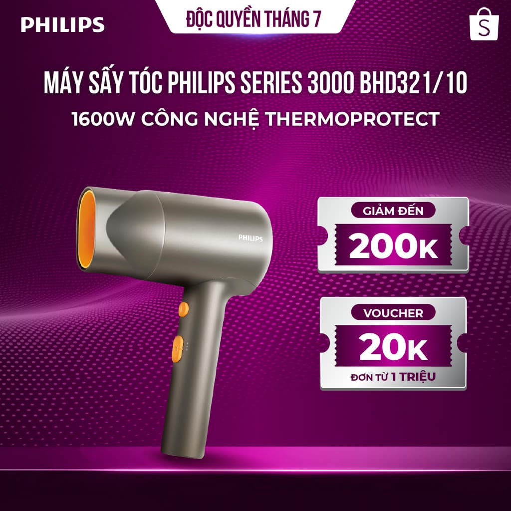 Máy sấy tóc Philips BHD321/00 1600W – ThermoProtect, ion âm giảm xơ rối, sấy nhanh