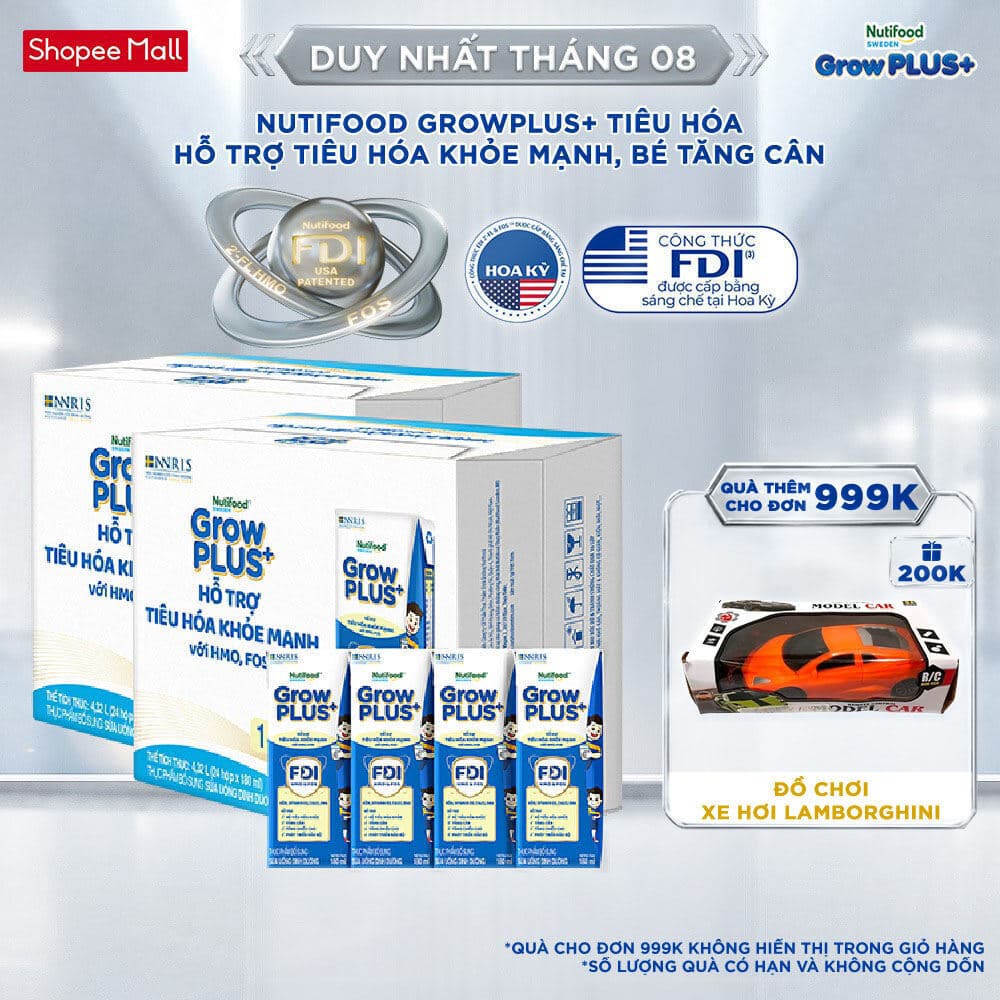 [TX] Combo 2 Sữa bột pha sẵn Nutifood Sweden GrowPLUS+ Tiêu Hóa (Xanh Nhạt) 1+ - Tiêu hóa khỏe tăng cân (48 hộp x 180ml)