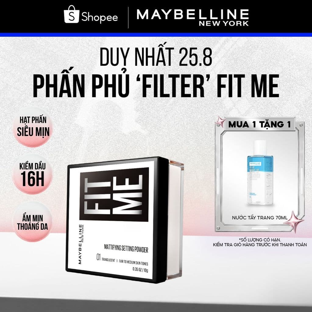Phấn phủ bột "filter" cà da, kiềm dầu, chống nước, lâu trôi 16H Fit Me Mattifying Setting Powder Maybelline New York 10g