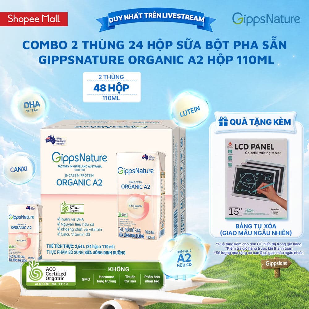 [OPEN] Combo 2 Thùng 24 hộp Sữa bột pha sẵn GippsNature Đạm A2 Beta-Casein Organic hộp 110ml