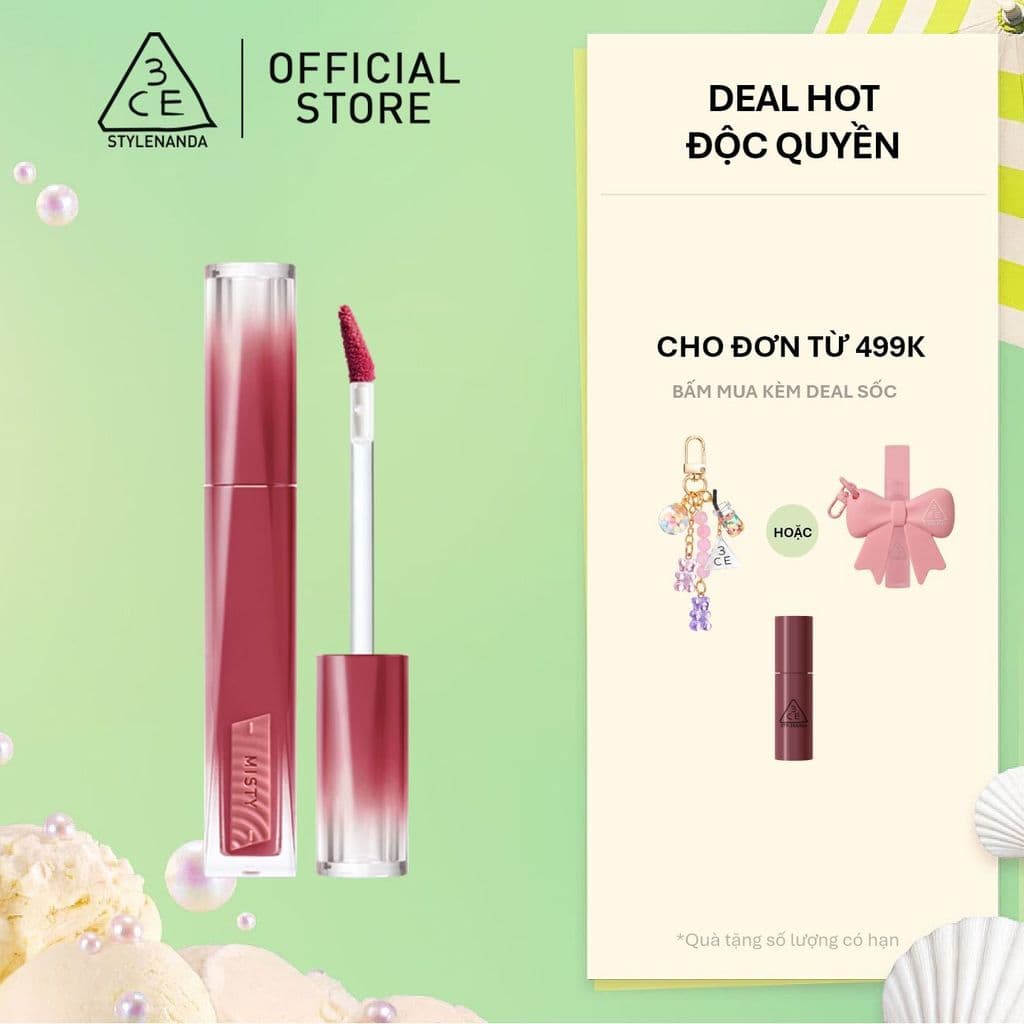 Son Tint Hiệu Ứng Pha Lê 3CE Misty Lip Bare Mỏng Nhẹ Trong Veo, Bền Màu, Mịn Mượt, Không Bết Dính