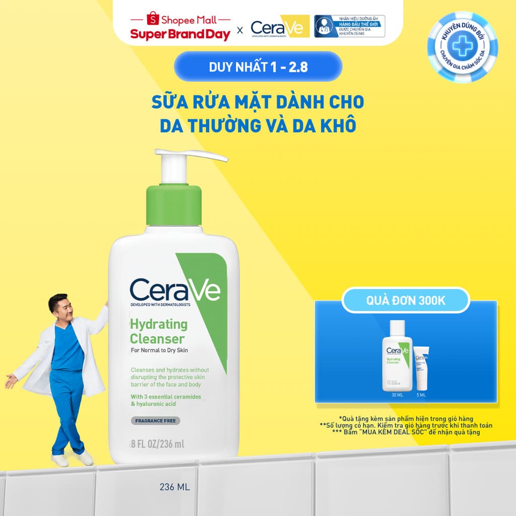 Sữa rửa mặt giúp làm sạch sâu dành cho da thường và da khô Cerave Hydrating Cleanser 236ML