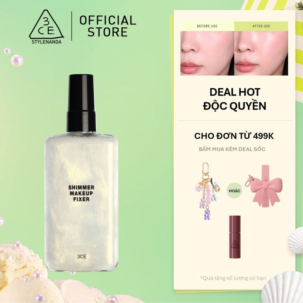 Xịt Khóa Nền 3CE Shimmer Makeup Fixer Tia Sương Mỏng Nhẹ, Bền Chắc Lâu Trôi, Hiệu Quả Giữ Ẩm Căng Bóng