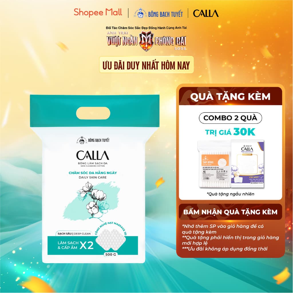 Bông tẩy trang làm sạch da Bông Bạch Tuyết Calla Sạch Sâu 500Gr (600 Miếng/Gói)