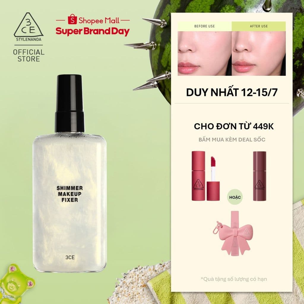 Xịt Khóa Nền 3CE Shimmer Makeup Fixer Tia Sương Mỏng Nhẹ, Bền Chắc Lâu Trôi, Hiệu Quả Giữ Ẩm Căng Bóng