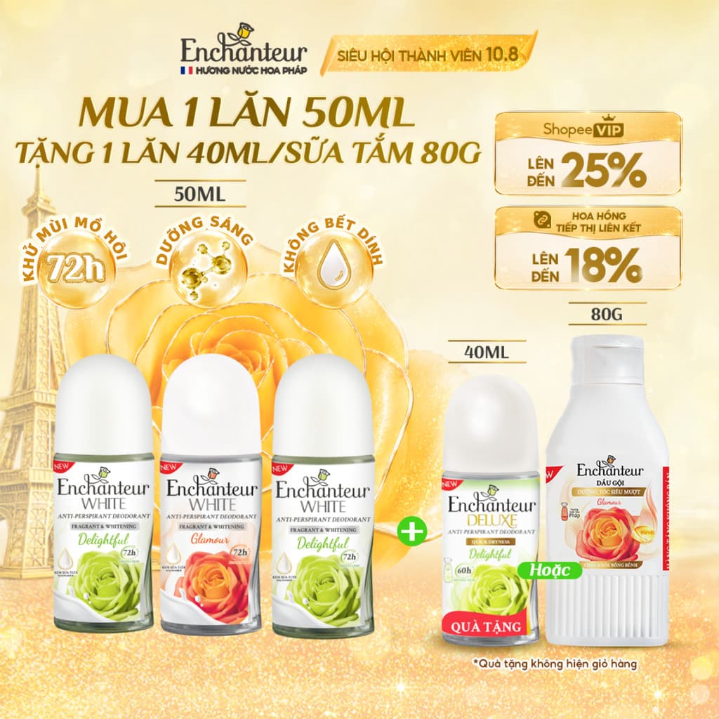 [TẶNG LĂN 40ML] Lăn Khử Mùi Enchanteur Deluxe/White Hương Nước Hoa Pháp 50ml