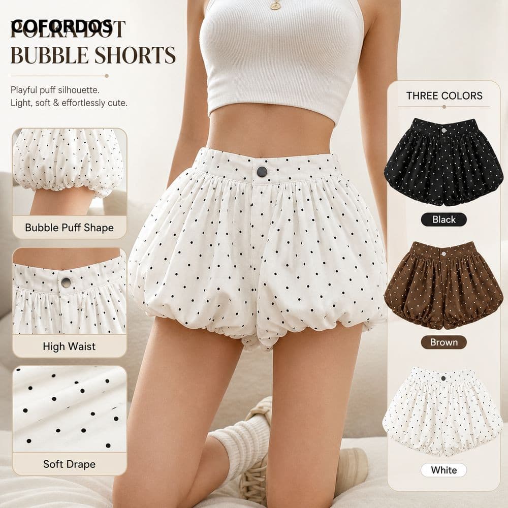 COFORDOS Chấm Bi Bloomers, Quần Short Bong Bóng Phía Trước Nút Thắt Lưng Cao, Thời Trang Chấm Bi Họa Tiết Co Giãn Chân Mở Ren Viền Bloomer Quần Short Mặc Thường Ngày