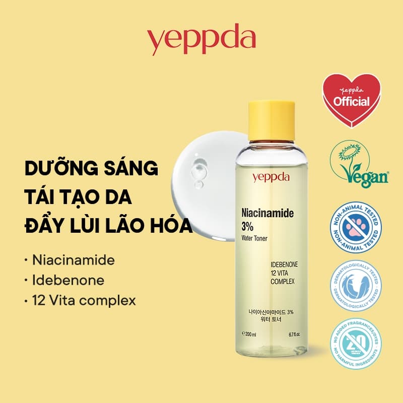Toner cấp ẩm, dưỡng sáng, căng bóng da Yeppda Niacinamide 3% Toner 200ml