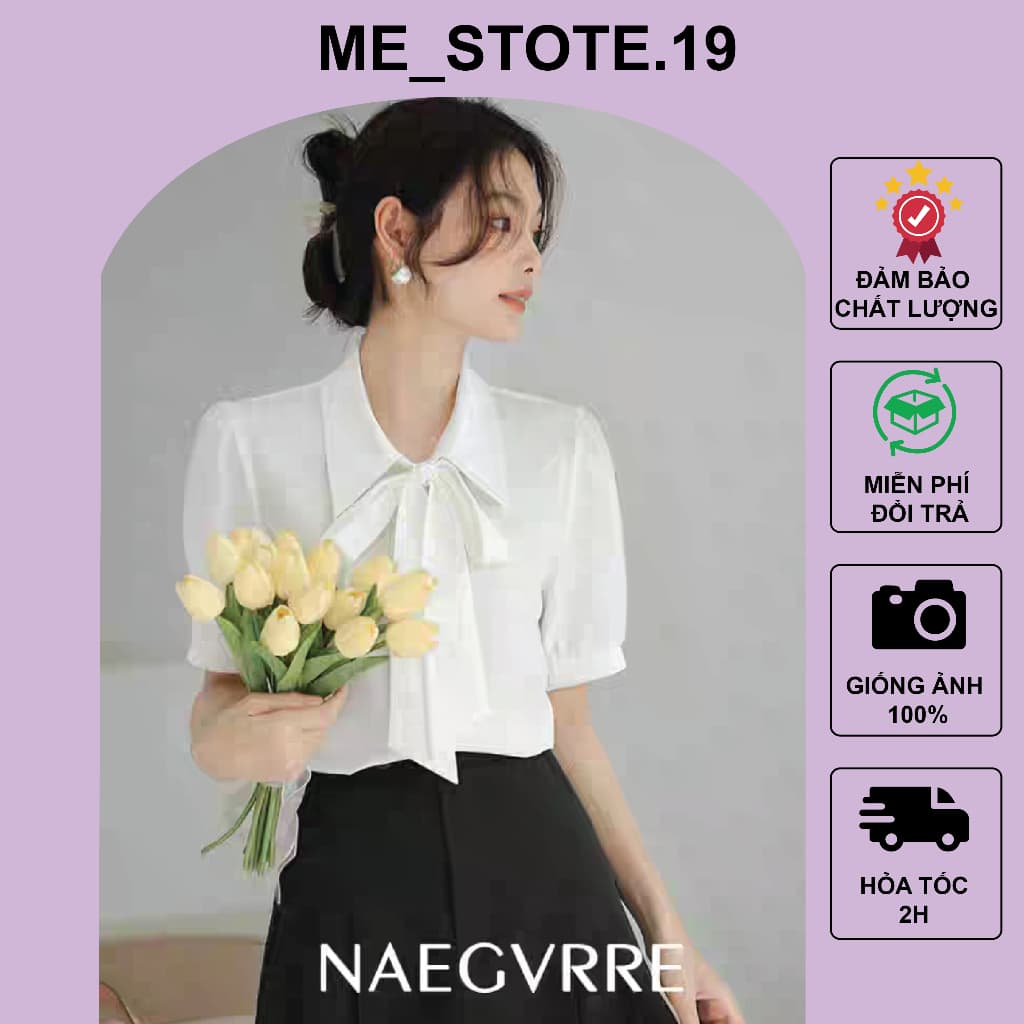Áo sơ mi nữ cổ buộc nơ tay ngắn bồng dáng rộng phong cách Hàn Quốc đi học đi chơi đi làm