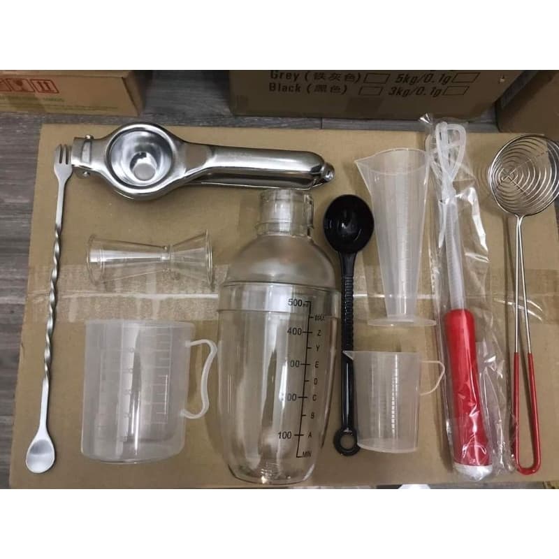 Combo bộ dụng cụ pha chế trà chanh trà sữa cà phê 10 món shaker 500ml kẹp chanh ca 250ml ....