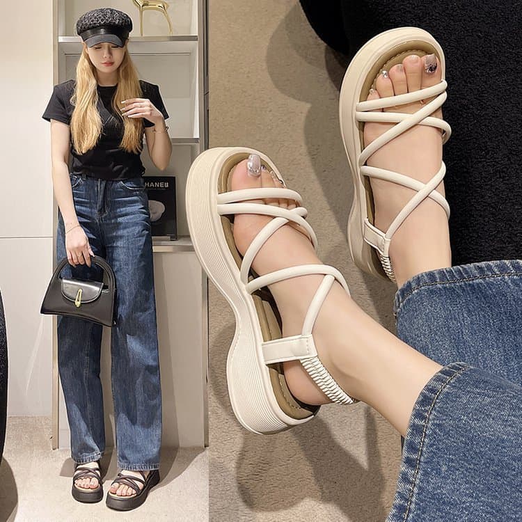 Dép sandal nữ 5cm Quảng Châu dép quai hậu dây chéo quai chun đế bánh mì đi làm đi học đi chơi, M55