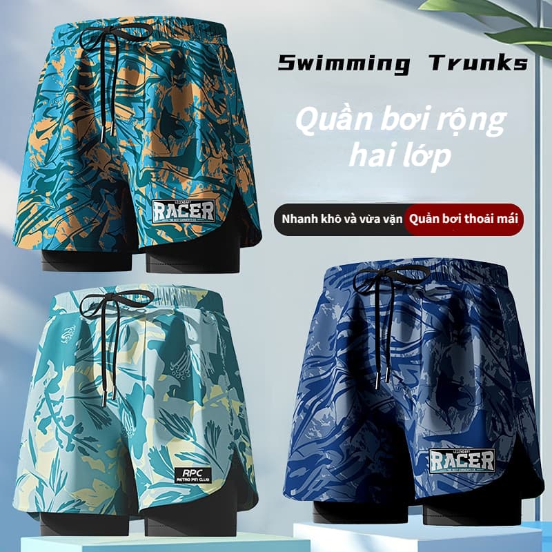 Quần bơi nam 2 lớp, quần thể thao nam YUKE Cạp quần có dây rút, vải thoáng khí, nhanh khô, lớp lót chống cấn, thoải mái